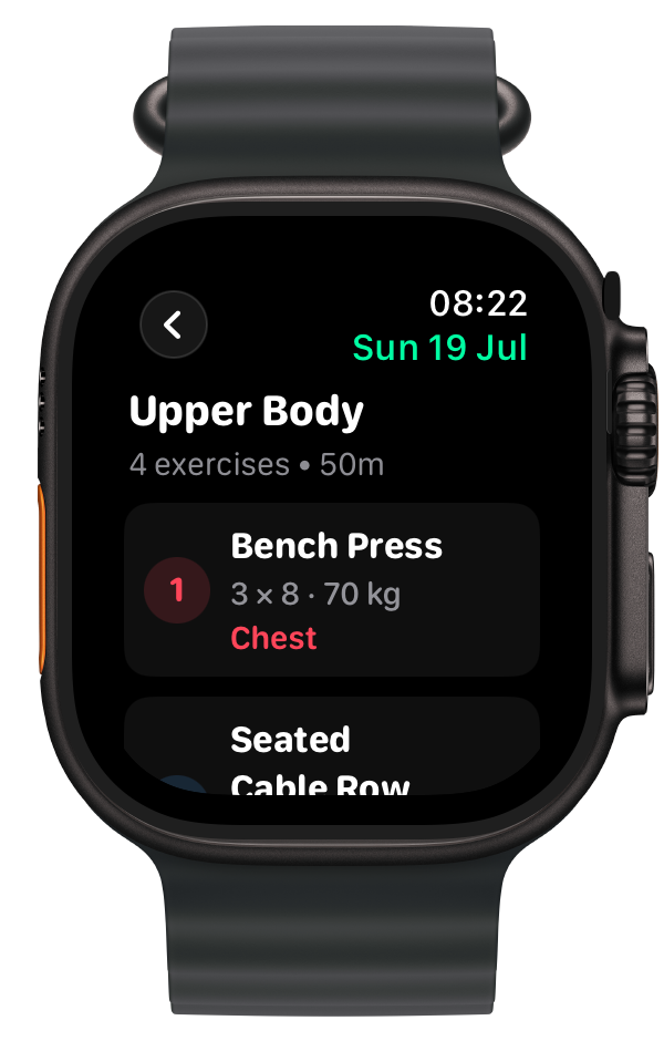 INCREMNT on Apple Watch reviewing a dated Upper Body workout with full production exercise cards