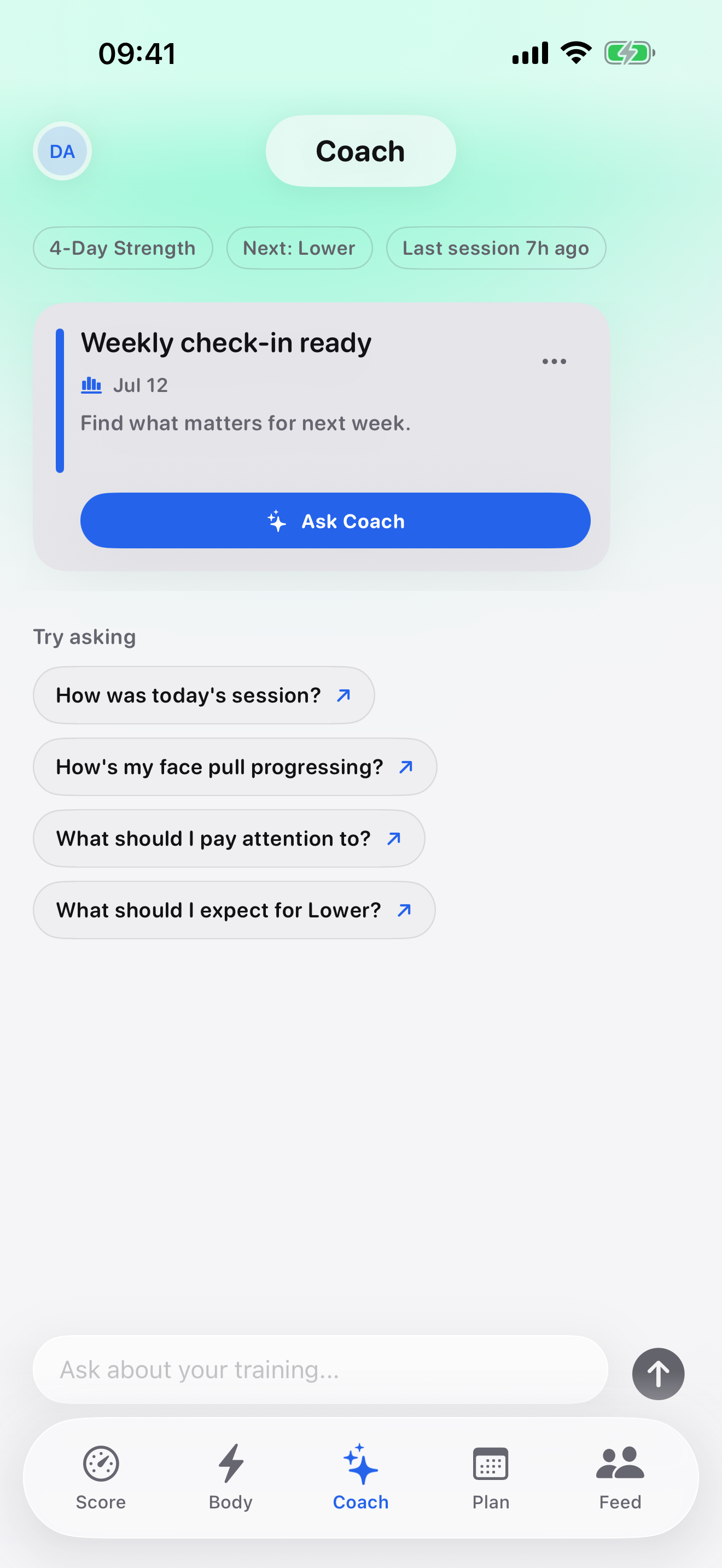 INCREMNT Coach showing a weekly check-in ready after four planned sessions